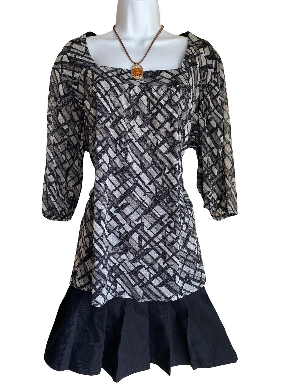 VTG Worthington Women's Plus XL Tunic Blouse Black Gray Abstract Fall Whimsigoth
